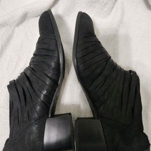 Size 12m, black leather strapped ankle boot with 2.1/4 stacked heel.